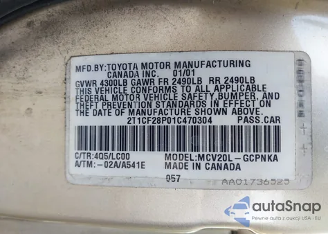 2001 Toyota Camry Solara Sle V6 z USA, uszkodzony, nr VIN 2T1CF28P01C470304